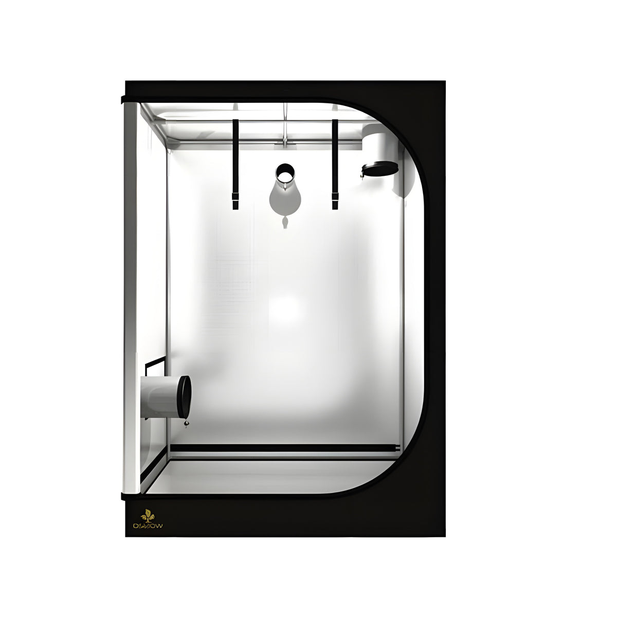 A dark street grow tent with internal lights and ventilation.