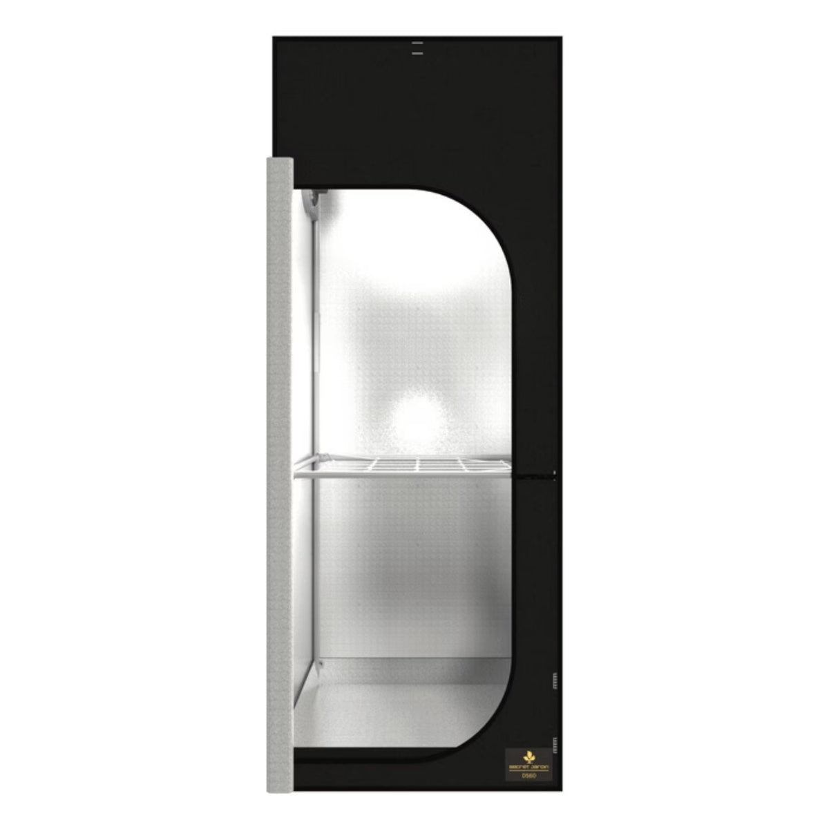 Black grow tent with silver interior and shelves, partially open door.