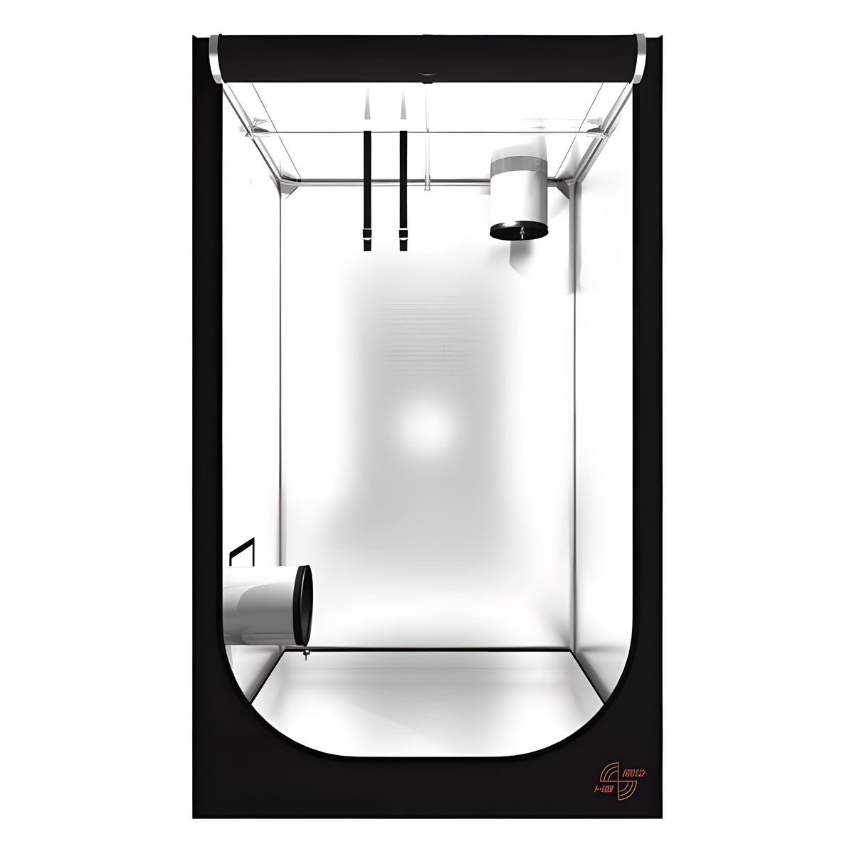 Black grow tent with white interior, ventilation ports, and hanging rods.