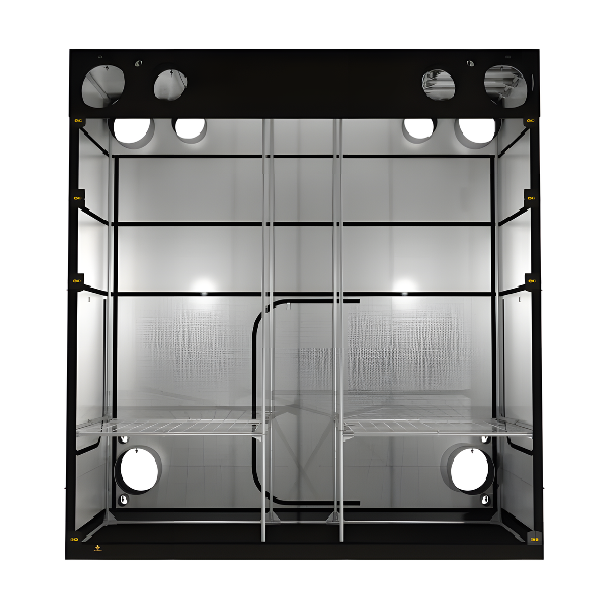 A grow tent with two shelves, multiple ventilation ports, and reflective interior walls.