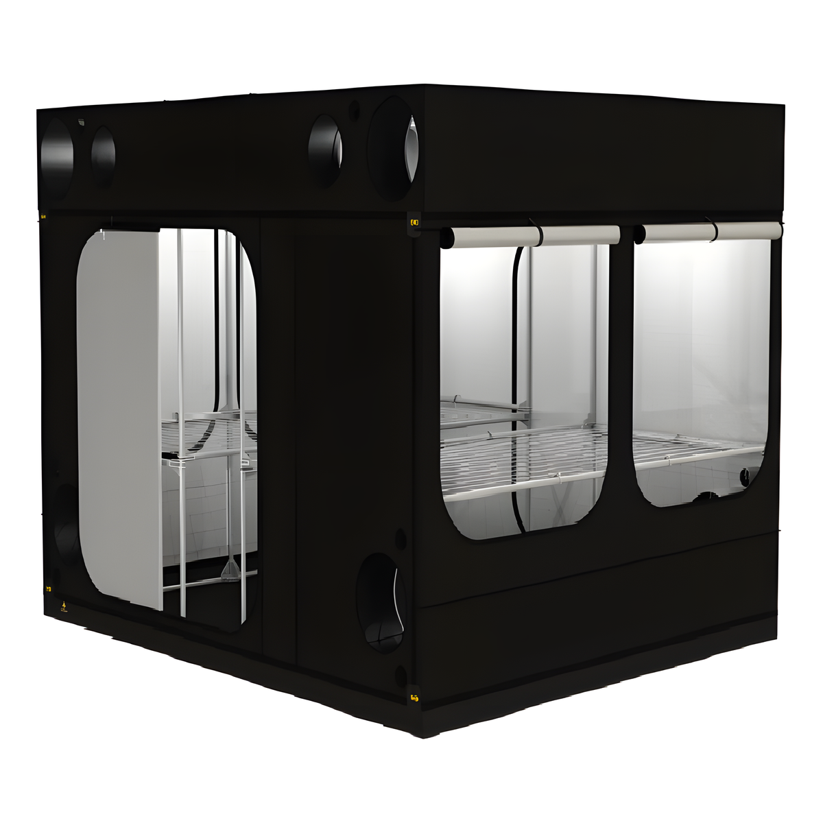 Black grow tent with multiple vents and windows, showing metal shelves inside.