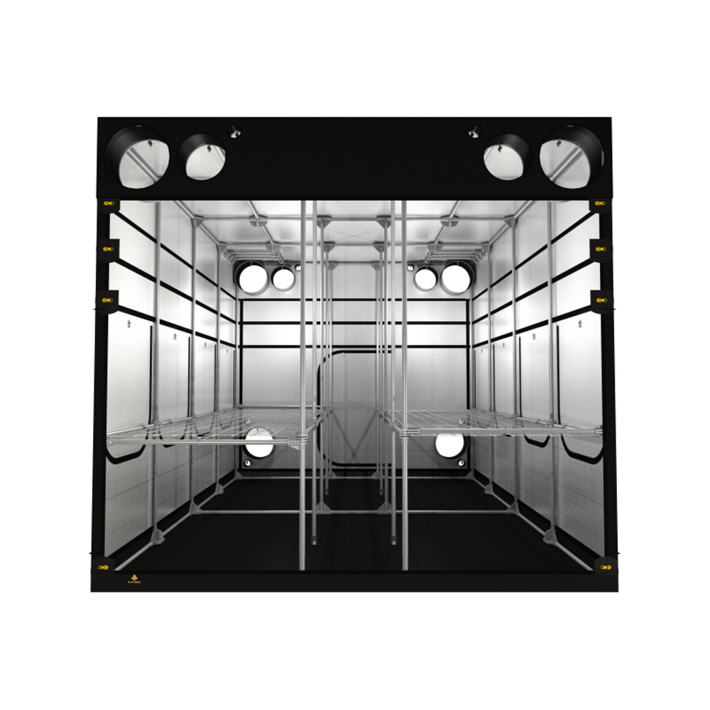 A large, white, multi-level hydroponic grow tent with ventilation ports and metal shelving.