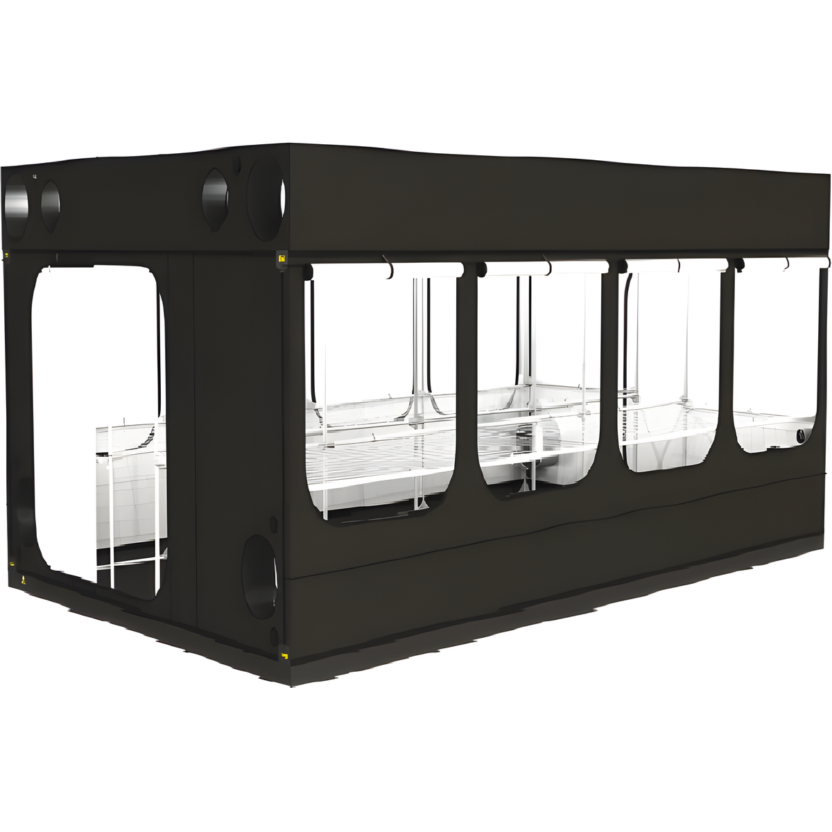 A large, black, rectangular hydroponic grow tent with multiple windows and ventilation ports.