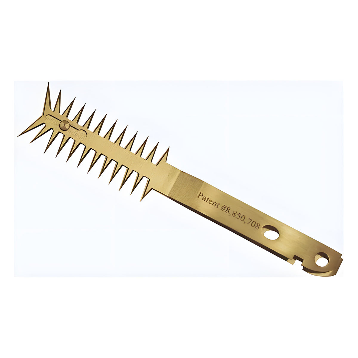 Golden razor comb with sharp teeth and "Patent #8,850,708" engraving.