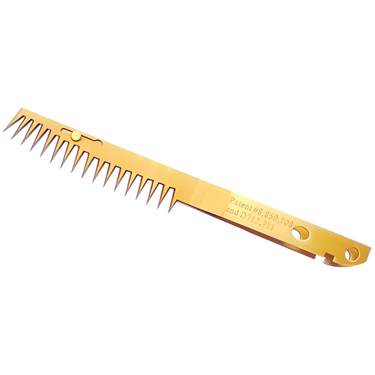 A gold-colored Sabertooth wet trim blade with sharp teeth and patent information.