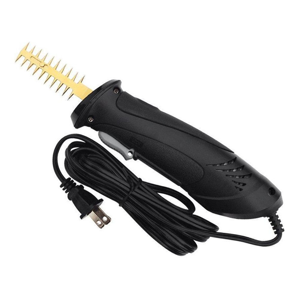 Close up of a black corded trimmer with a gold serrated blade and a coiled black cord.
