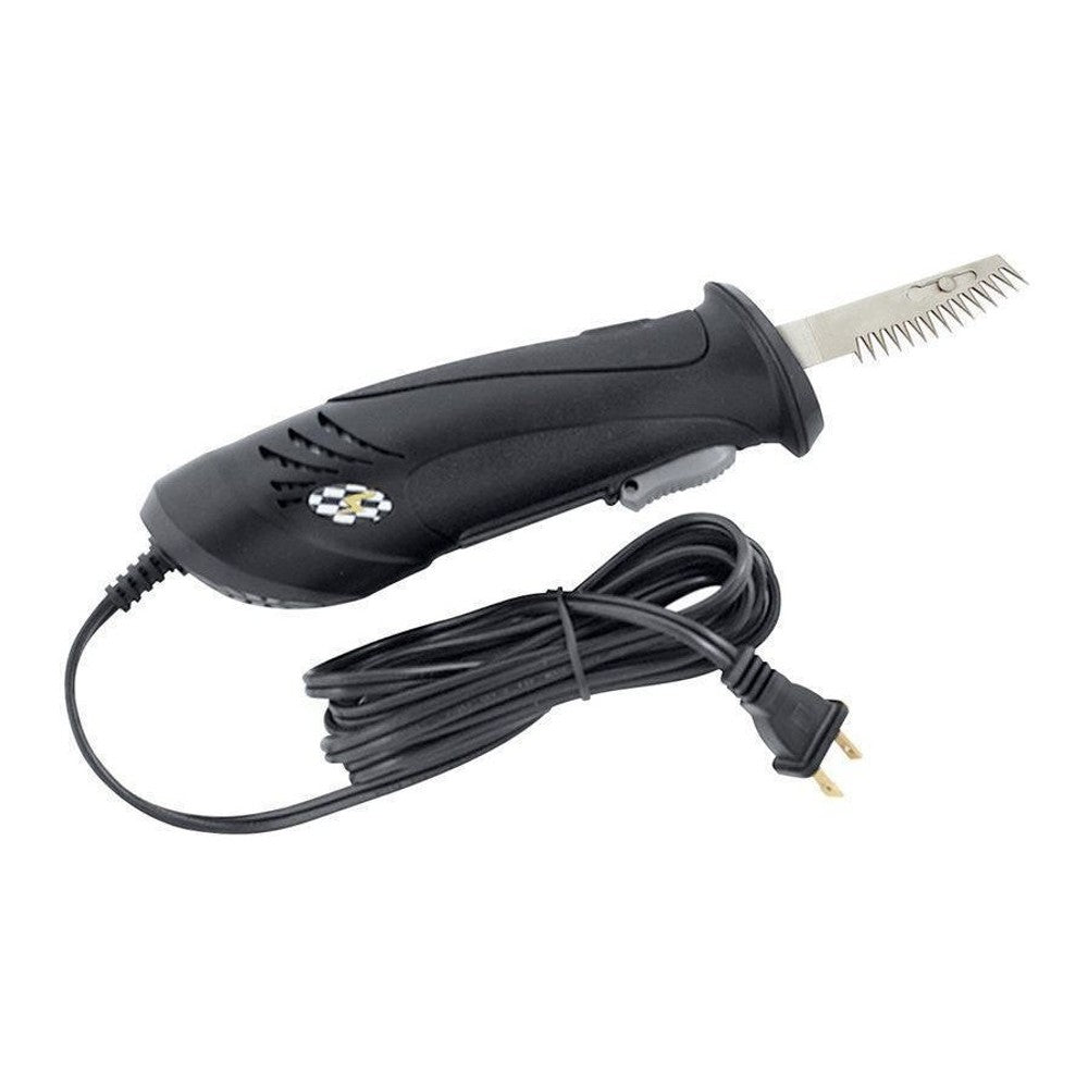 Black corded electric carving knife with serrated blade and power cord.