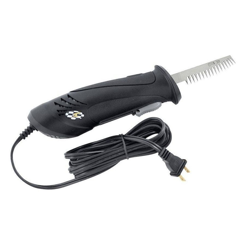 Corded black electric carving knife with a serrated sabertooth blade and black cord.