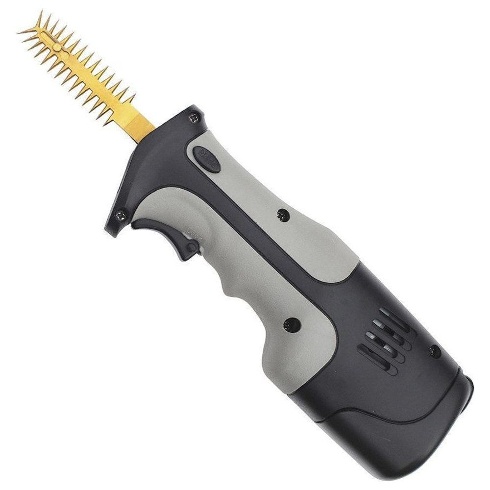 Close-up of a cordless electric carving knife with a yellow serrated blade.