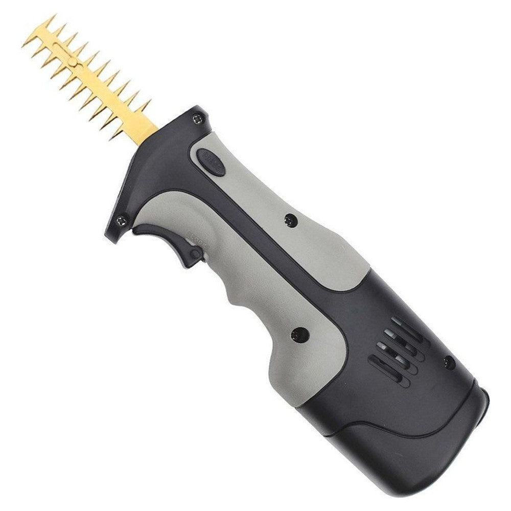 Close-up of a cordless electric trimmer with a gold, serrated blade and black and gray ergonomic handle.