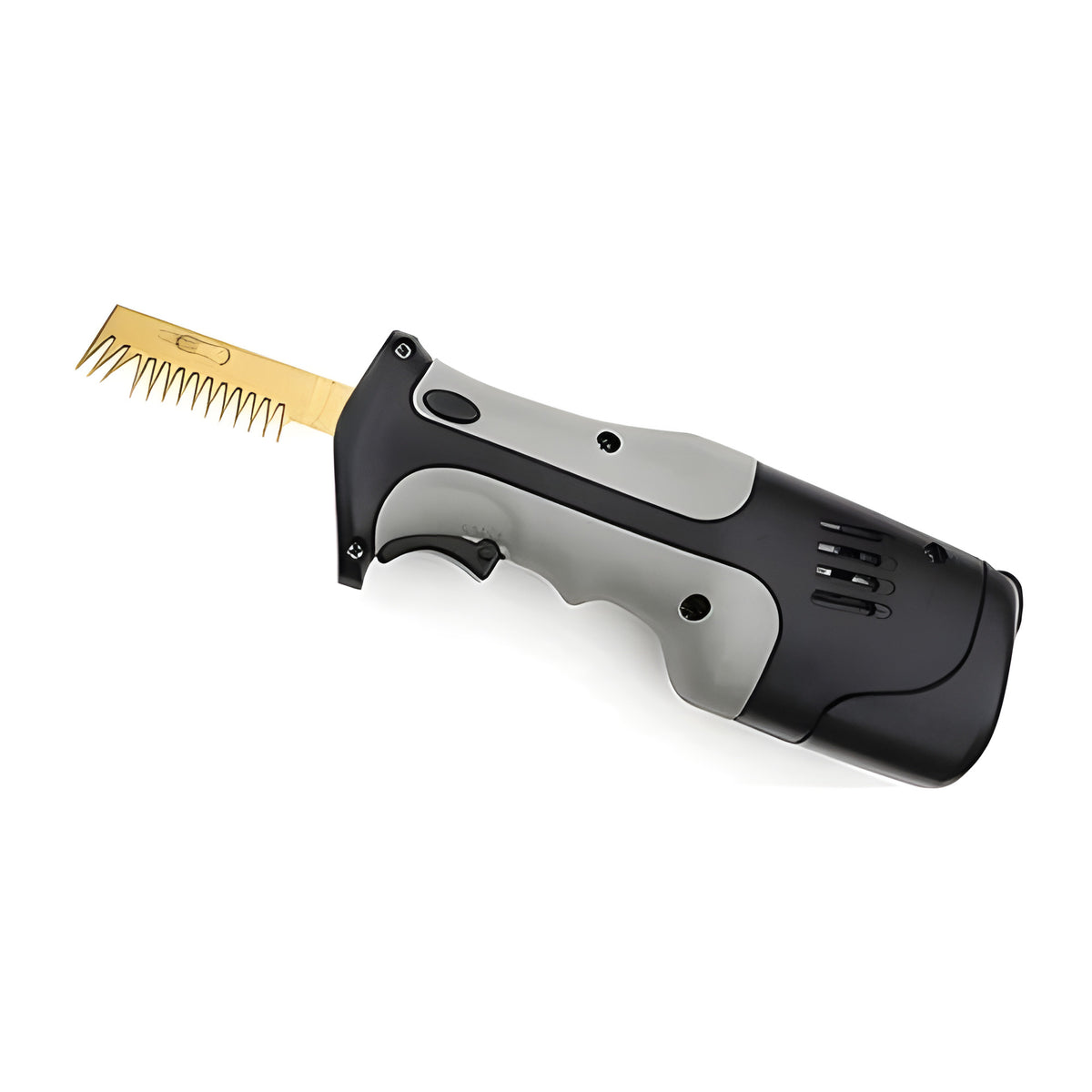 Black and gray cordless trimmer with serrated gold blade, isolated on white background.