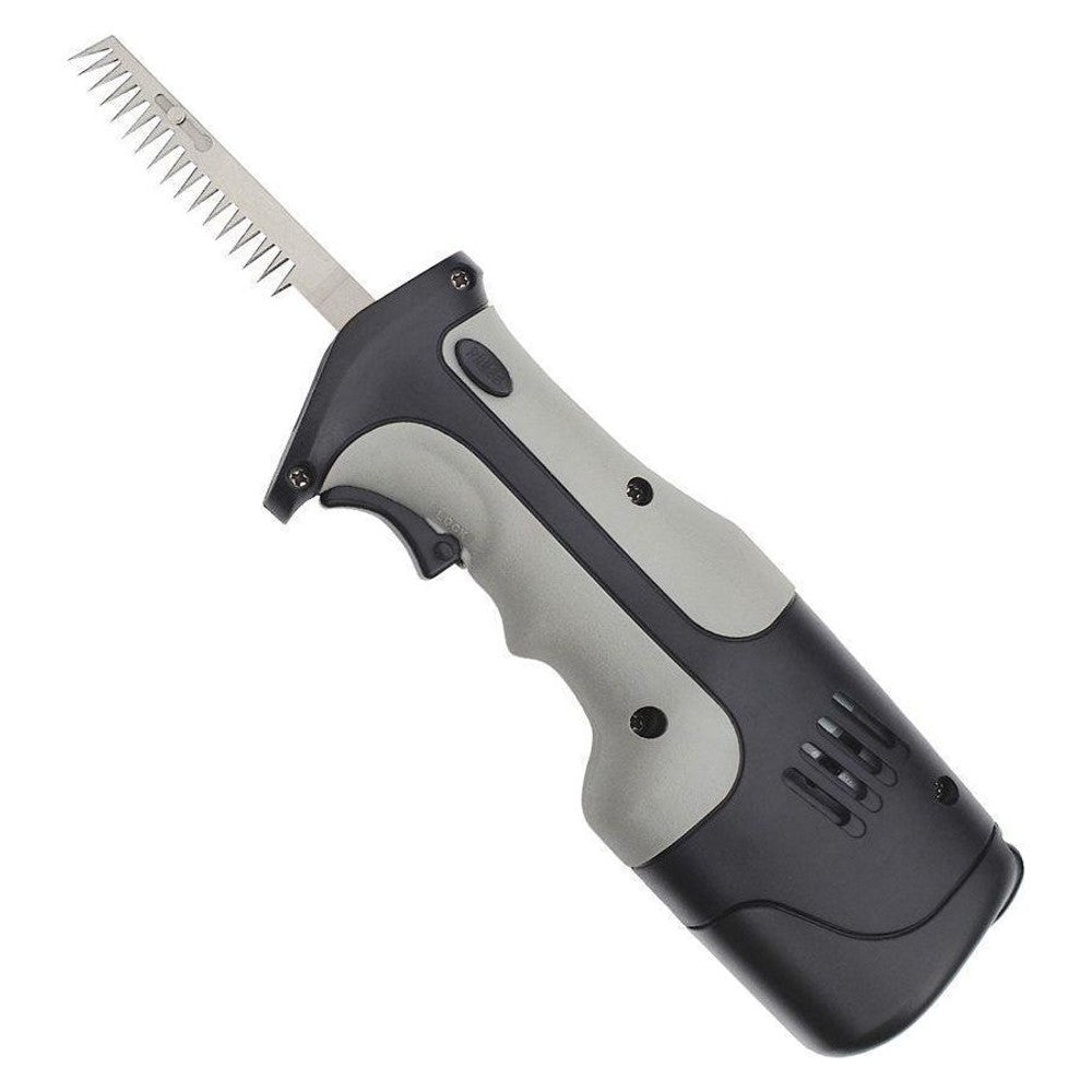 Cordless electric carving knife with serrated blade and gray/black handle.