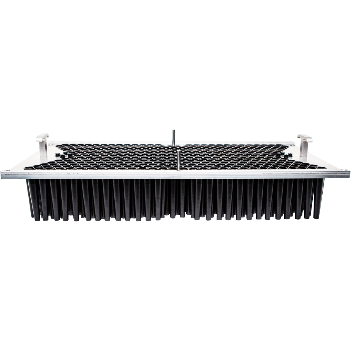 A black bottom tray with many small, cylindrical cups, attached to a silver frame with handles.
