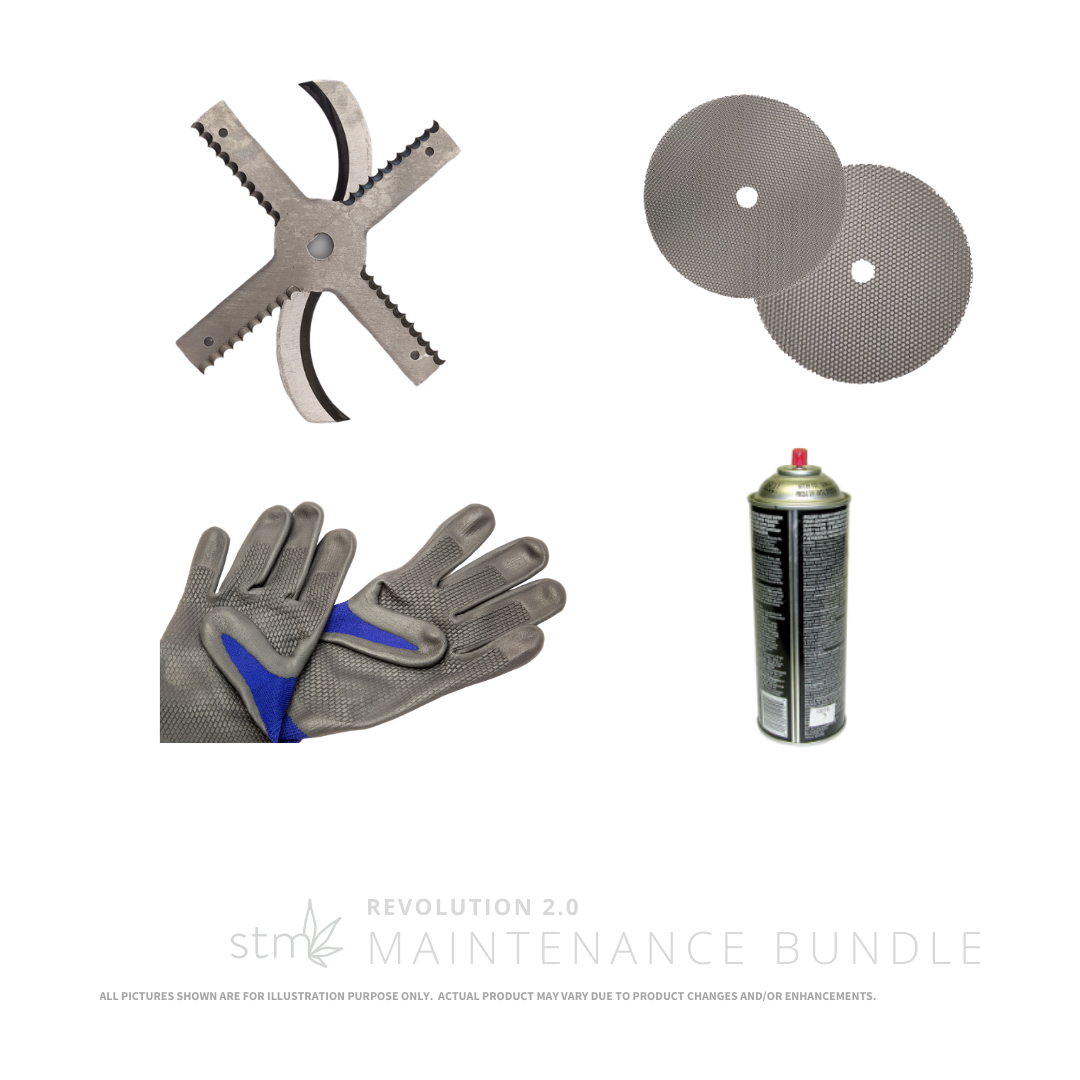 STM Canna Revolution 2.0 Maintenance Bundle with blades, discs, gloves, and spray.