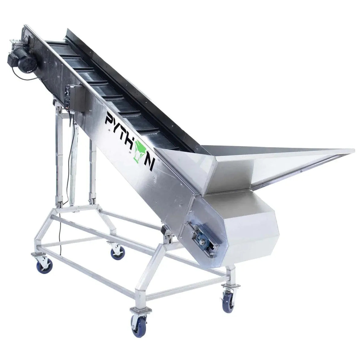 Industrial conveyor belt with "PYTHON" logo, stainless steel construction, on wheels.