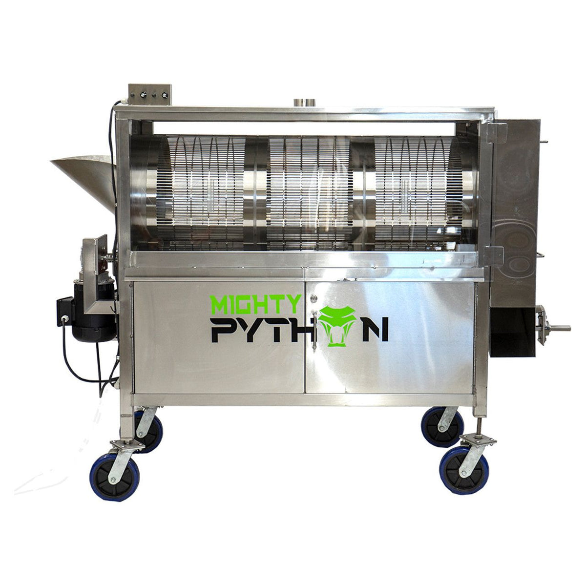 Mighty Python nut and seed roaster with stainless steel drum and casters.
