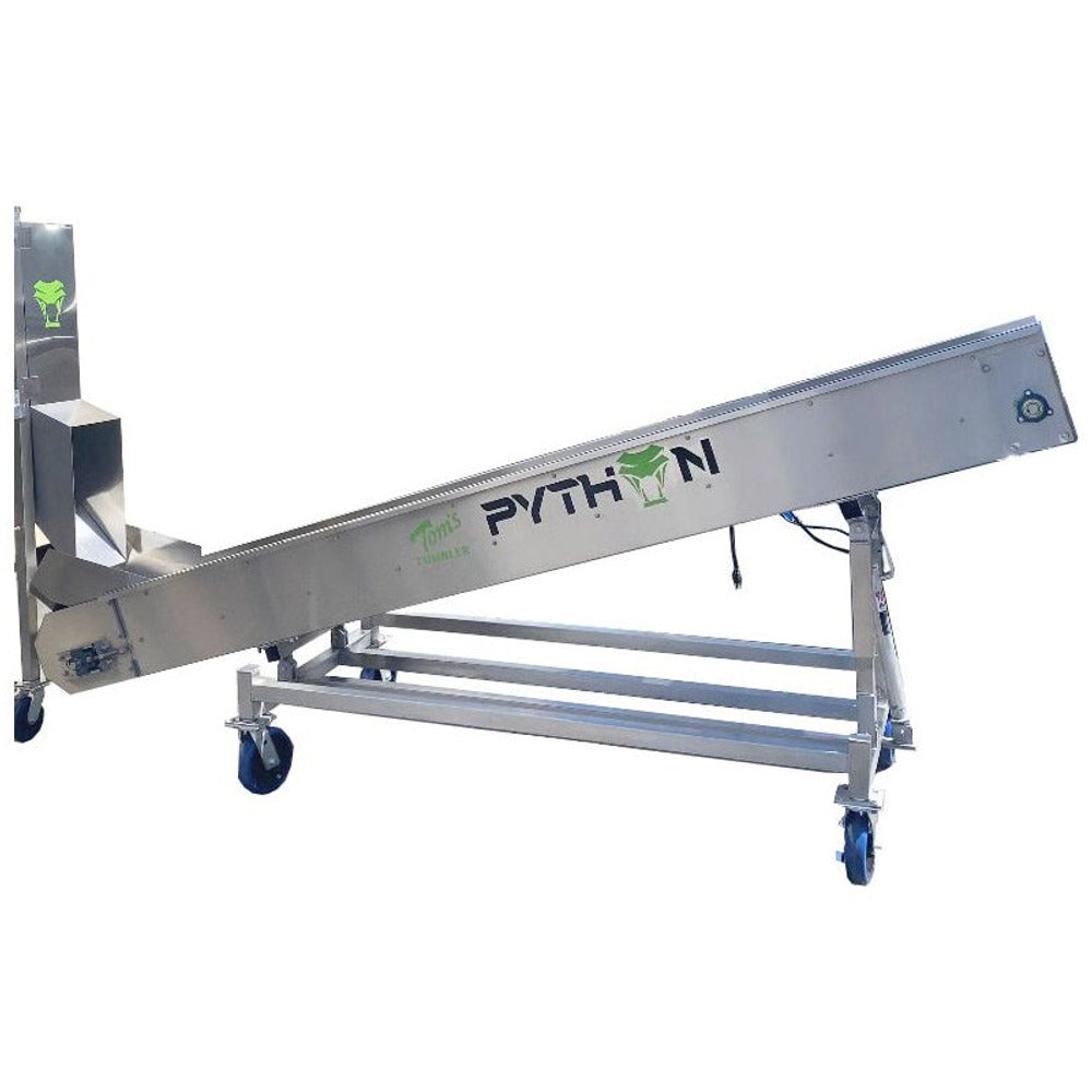 Stainless steel conveyor belt for a "Tom's Python" tumbler, on wheels.