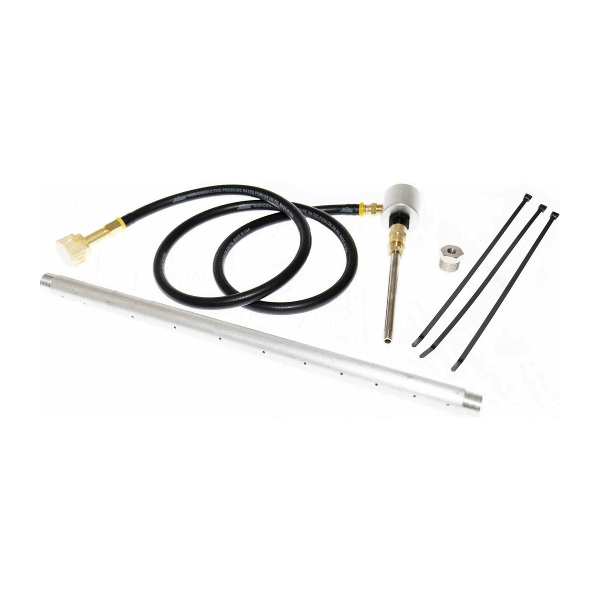Liquid CO2 infuser kit with aluminum pipe, hose, and zip ties.