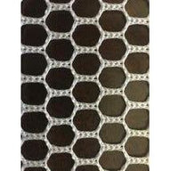 Hexagonal white mesh fabric with dark brown interior.
