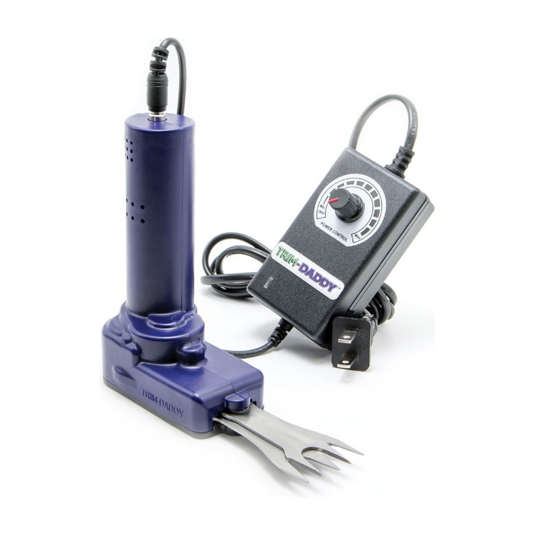 Trim-Daddy 3+ hand trimmer with power control adapter on white background.