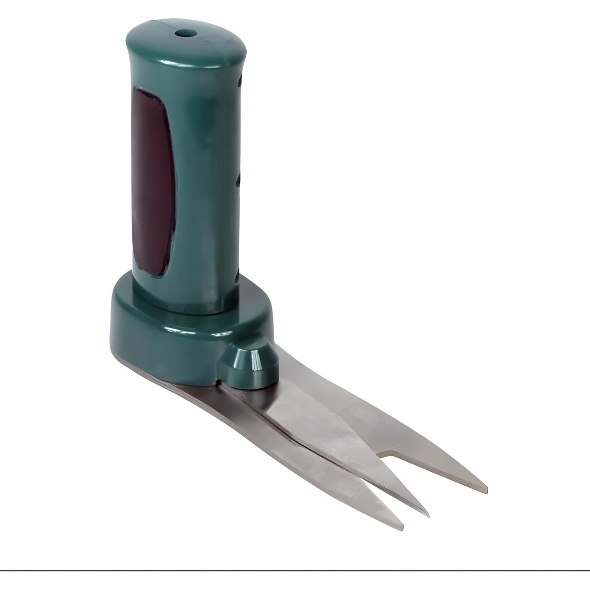Green electric hand-held trimmer with three sharp blades and ergonomic handle.