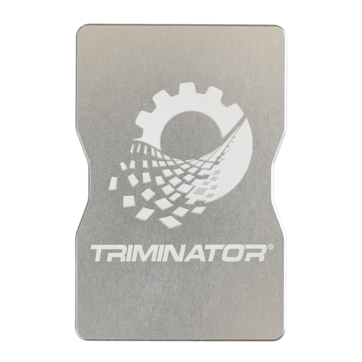 Silver Trimnator logo on a gray rectangular object with a stylized gear and digital pattern.
