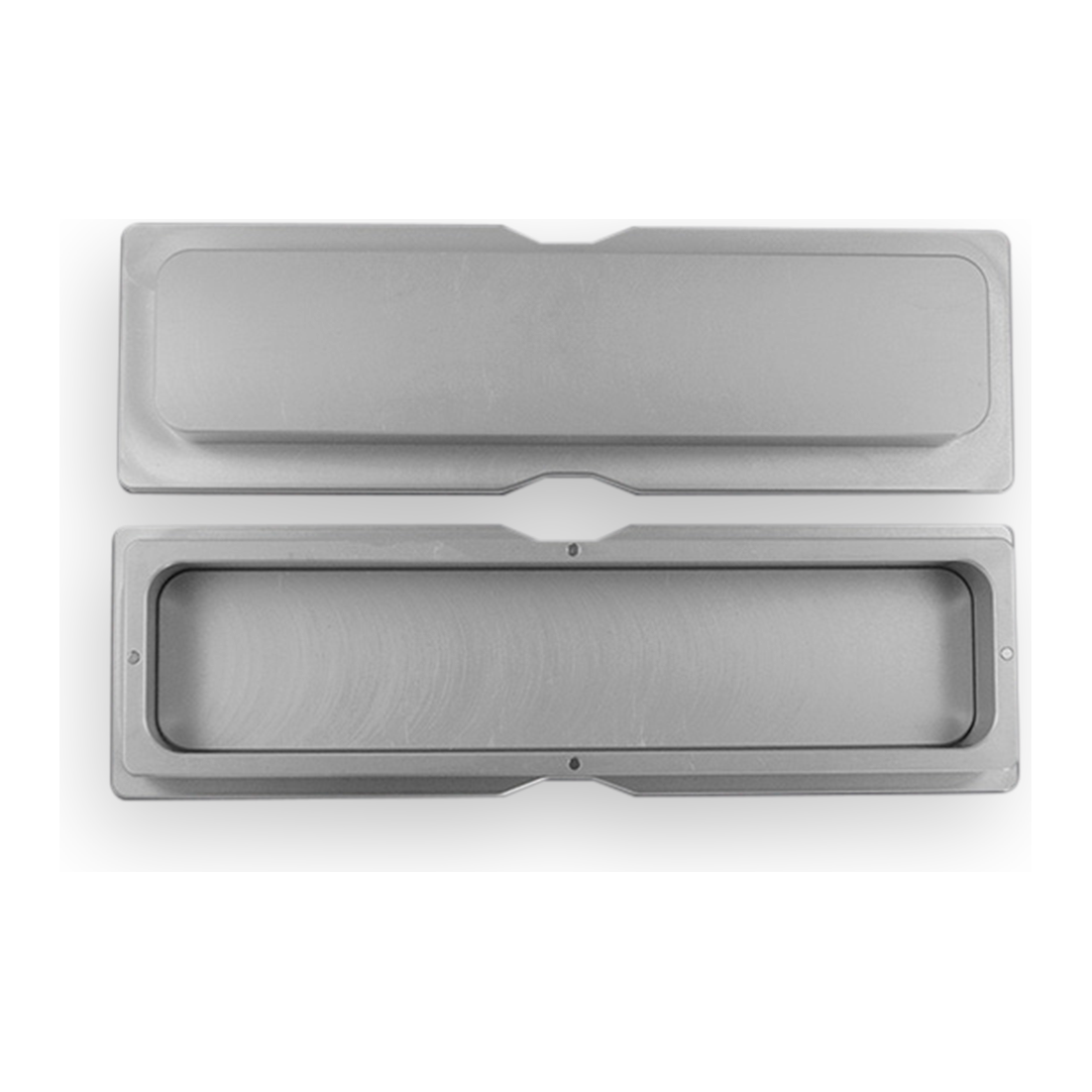 Two rectangular, brushed silver metal molds stacked vertically on a white background.