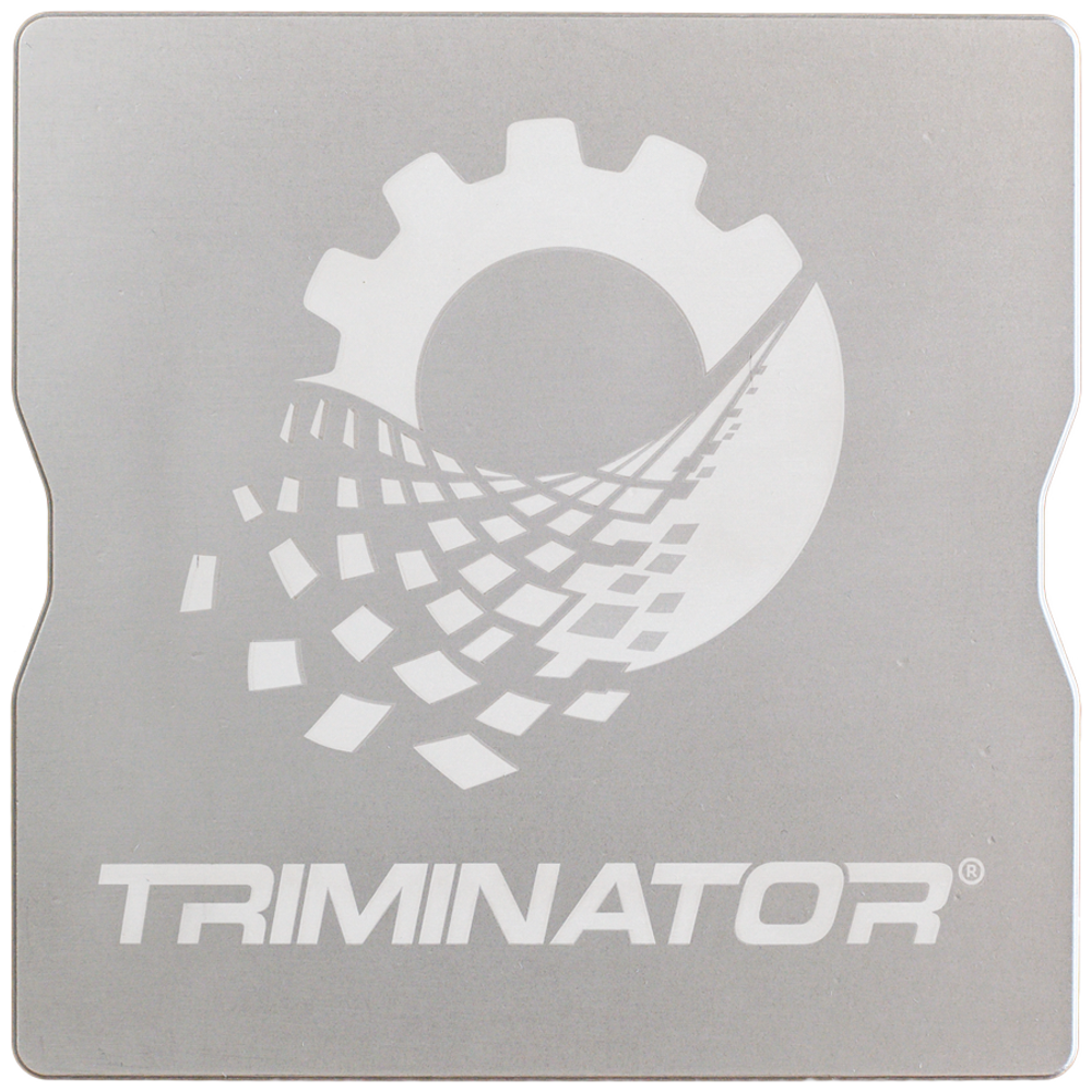 Silver square with "TRIMINATOR" logo, featuring a gear and grid design.