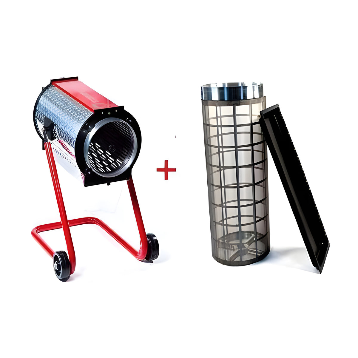 Red & silver bud trimmer with a clear kief collector and black lid.