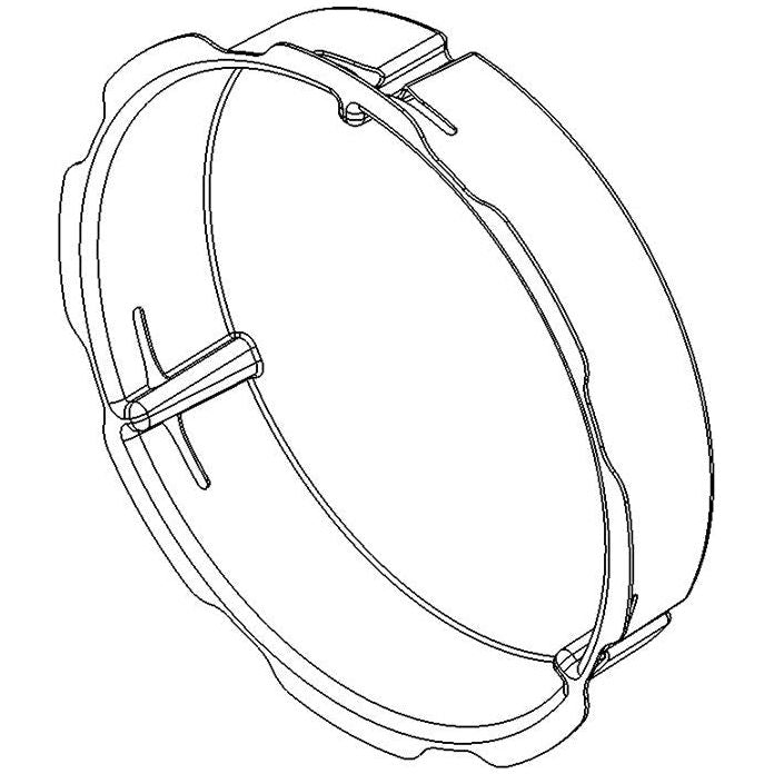 Isometric line drawing of a circular end cap with a strap and buckle closure.