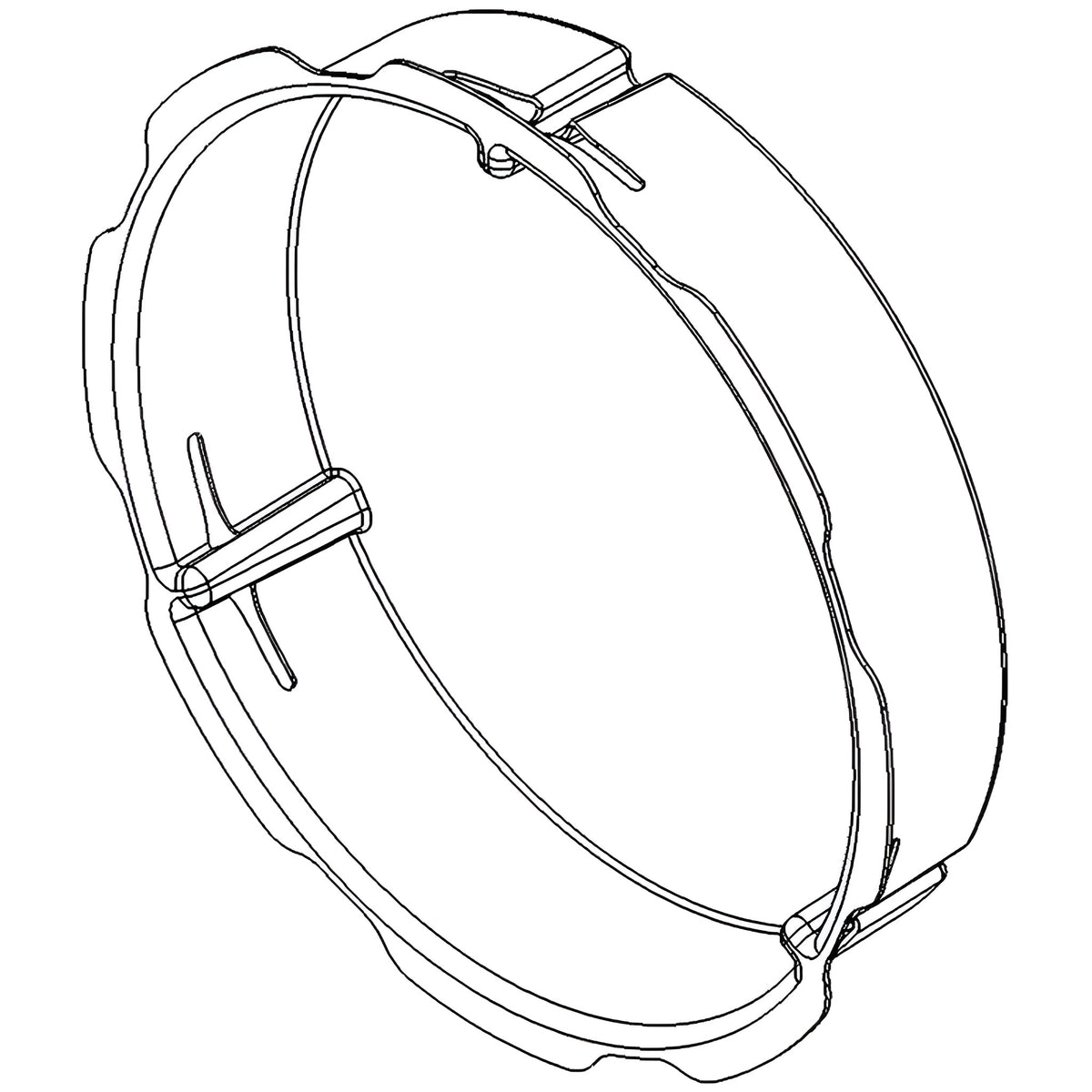 Isometric line drawing of a circular end cap with a strap and buckle closure.