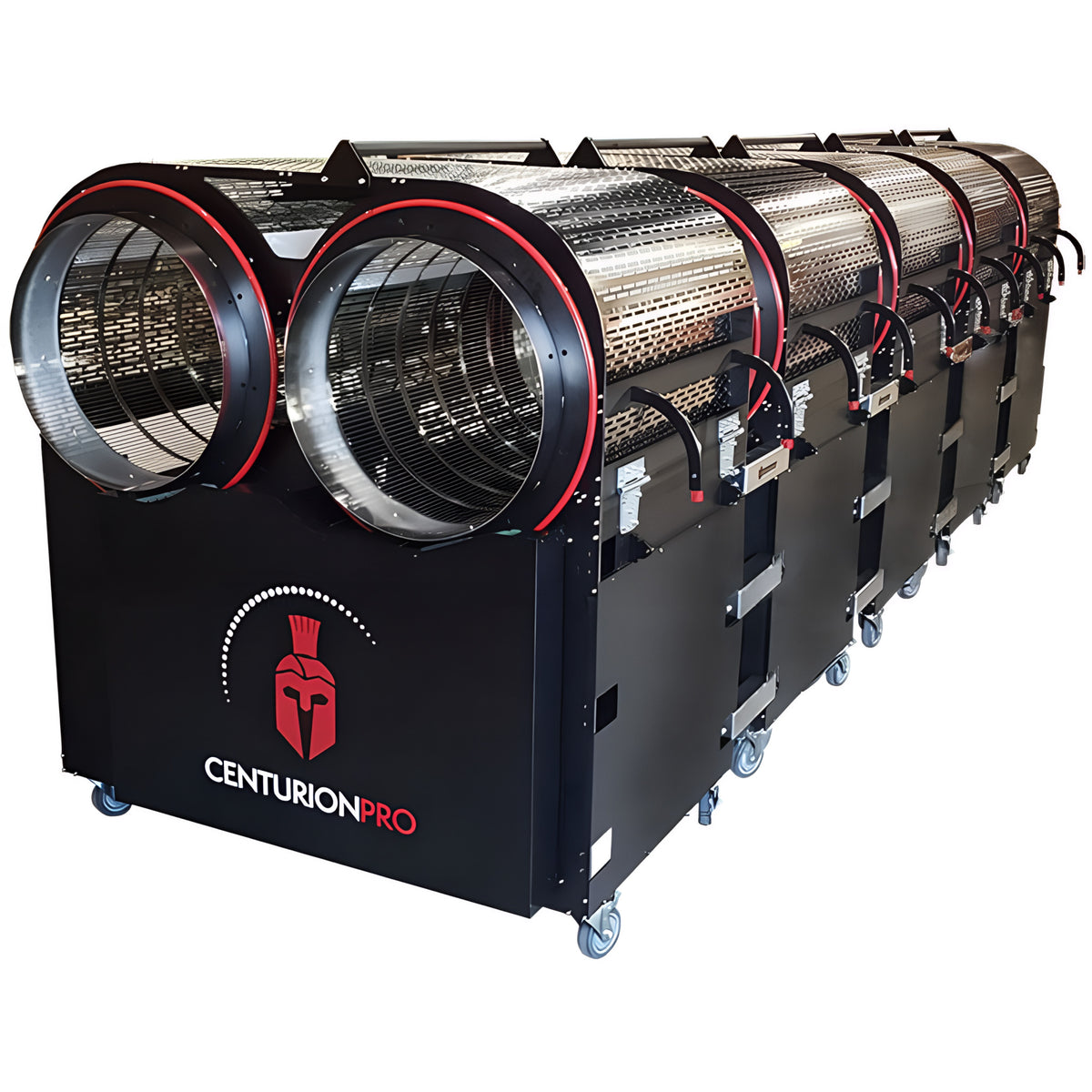 CenturionPro XL10 commercial bud trimmer machine, black with red accents, multiple rotating drums.