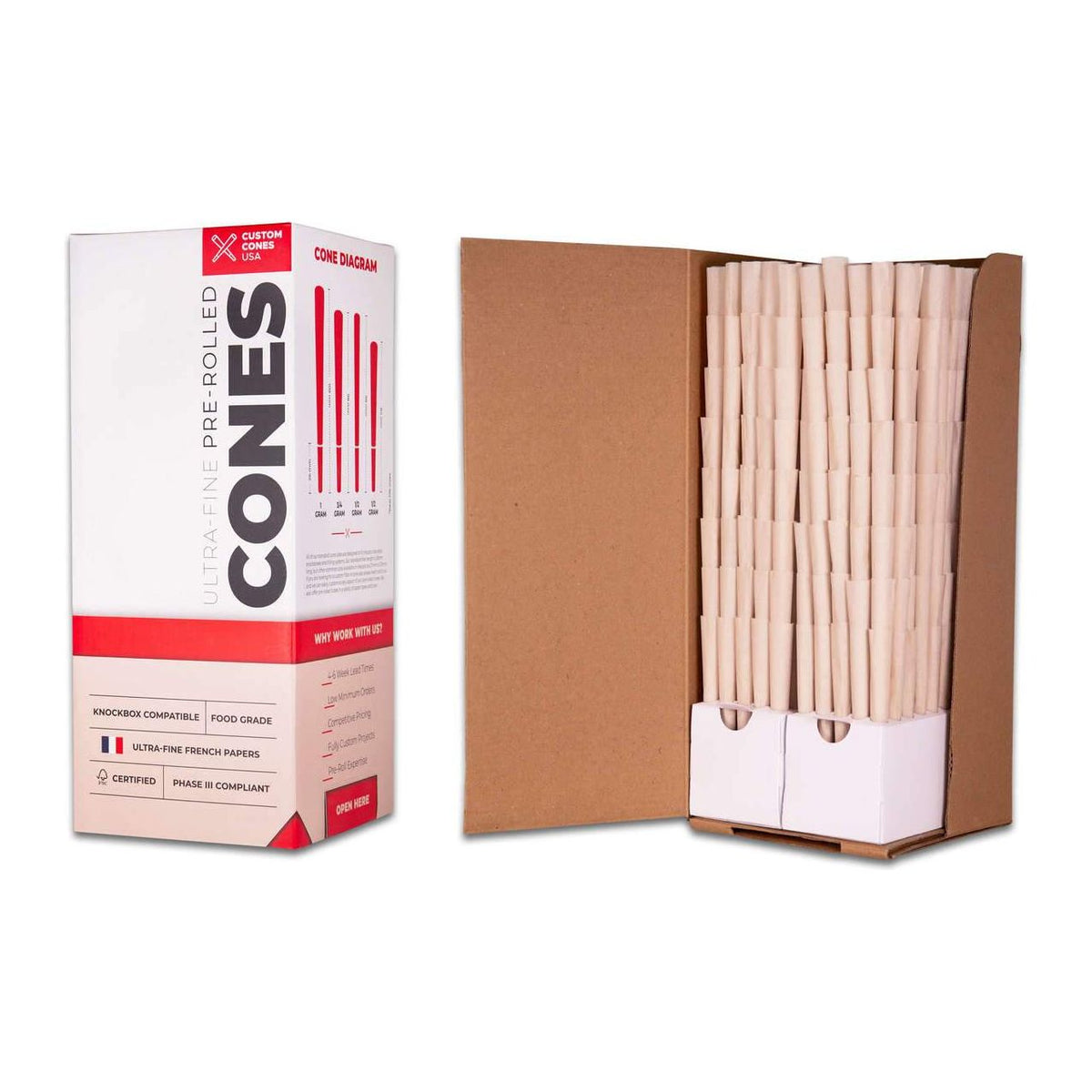Box of 800 custom pre-rolled organic hemp cones, 109mm, with a cone diagram on the side.