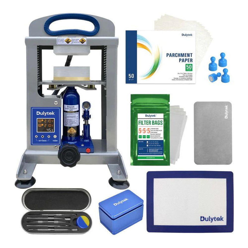 Dulytek 5-ton hydraulic rosin press with filter bags, parchment paper, dab tools, and silicone mat.
