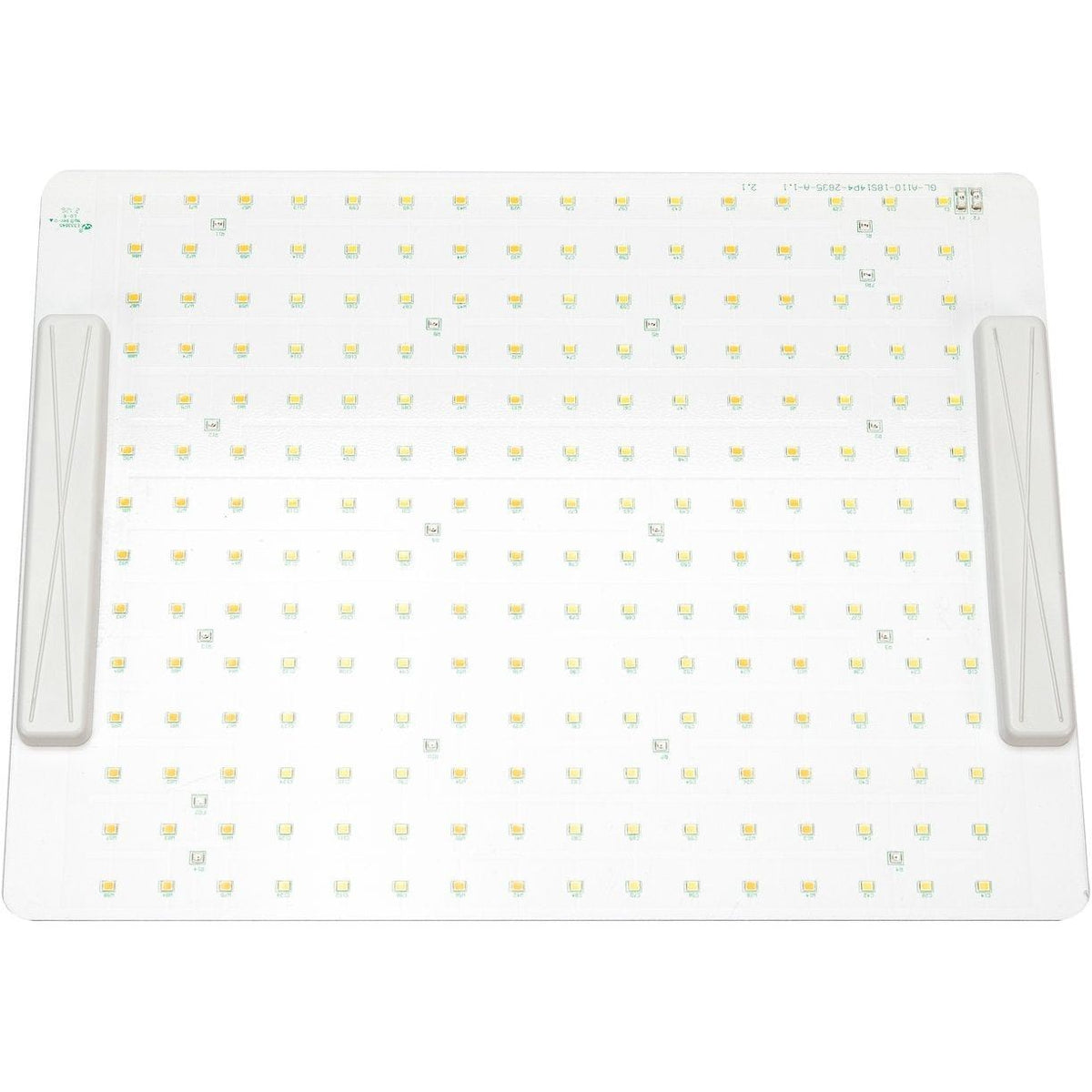 LED grow light panel with multiple small square white LEDs and two white mounting brackets on sides.