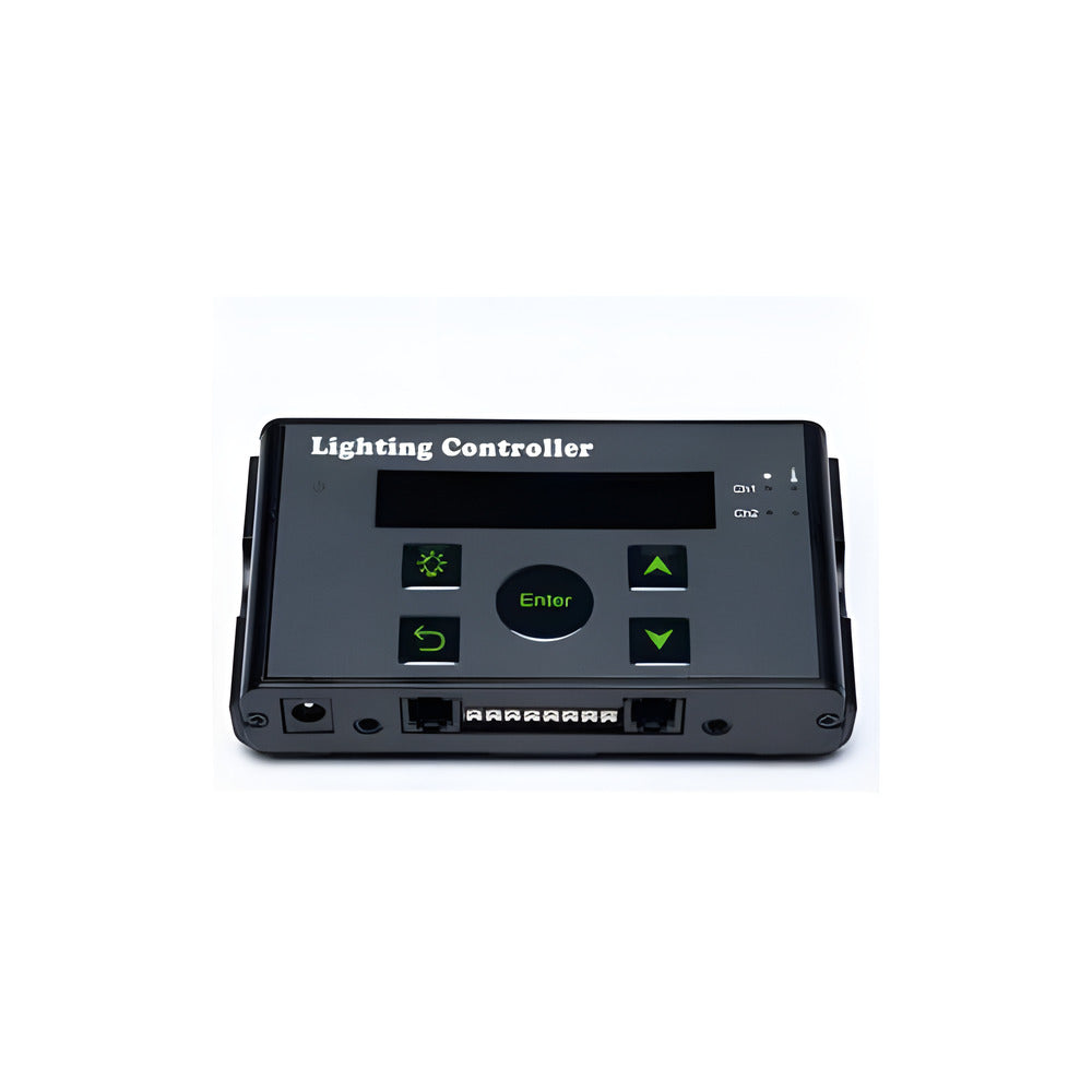 Black lighting controller with screen, buttons, and multiple ports.