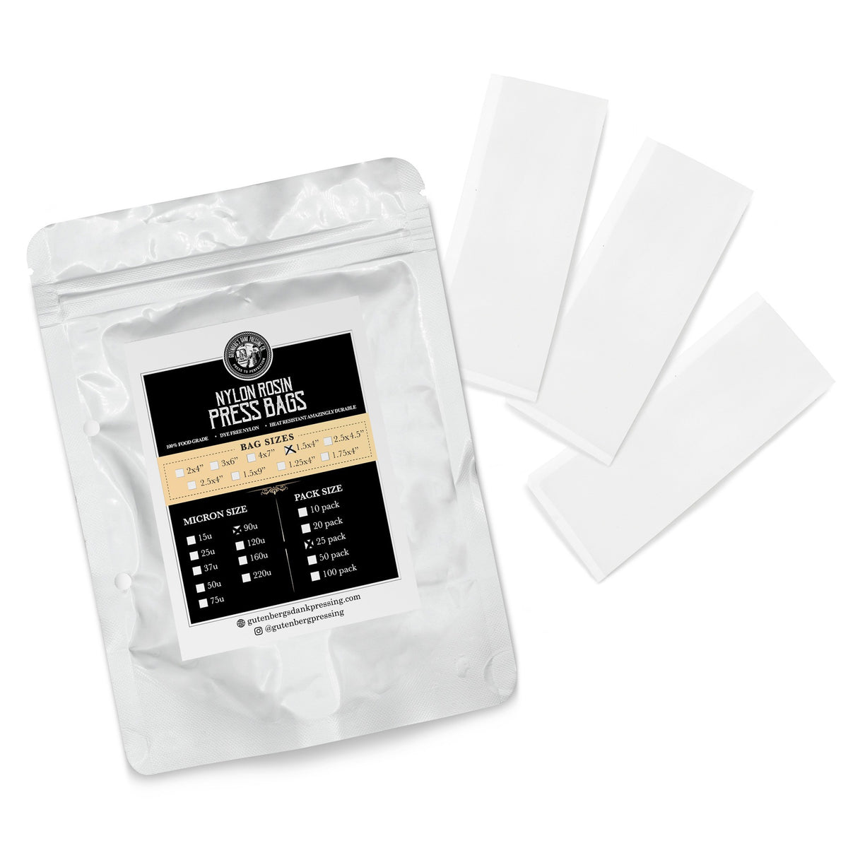 Nylon Rosin Press Bags pack and individual bags for cannabis extraction.