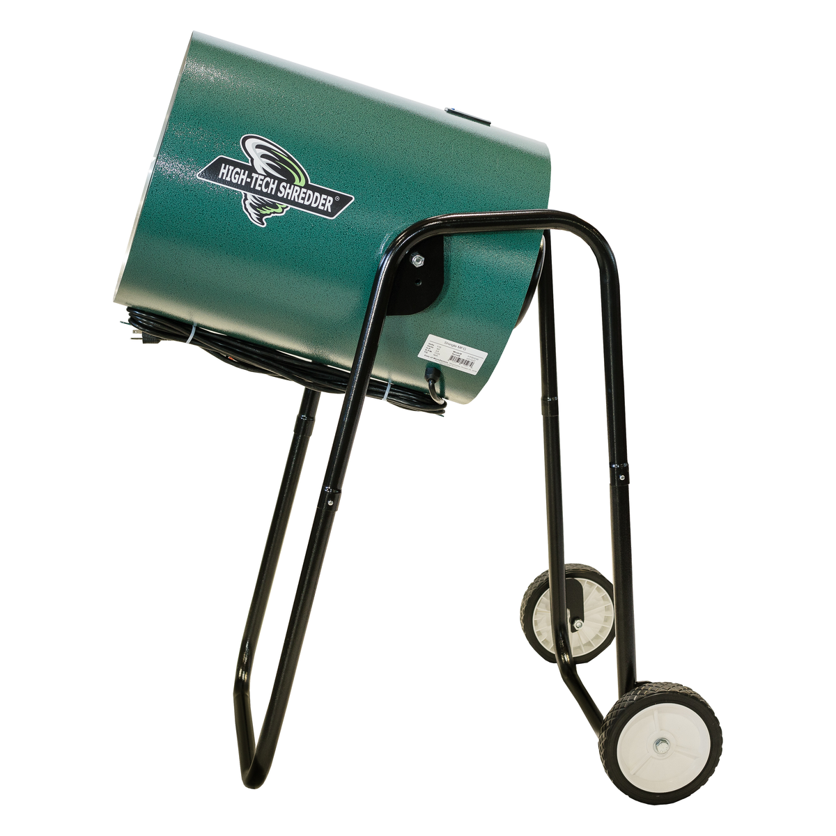 Green "High-Tech Shredder" machine on a black wheeled stand, with power cord.