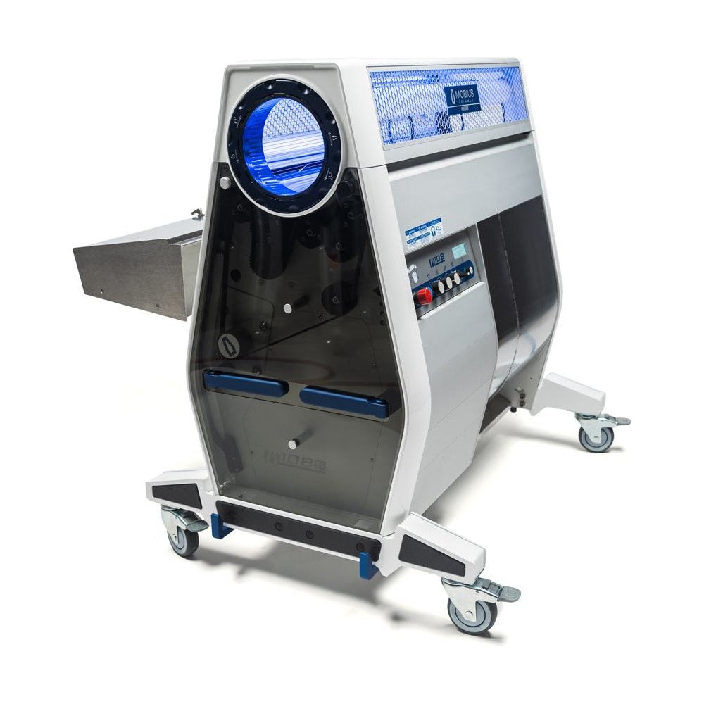 Mobius M108S trimmer with blue lights, clear panels, and wheels, on white background.