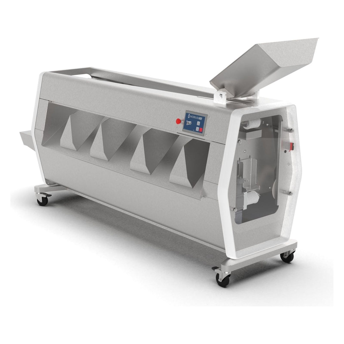 Mobius M9 commercial bud sorter machine with multiple chutes and digital display.
