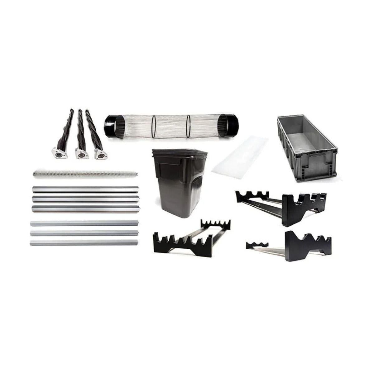 Mobius Trim Kit: various components including a flexible tube, black bins, metal rods, and rack attachments.