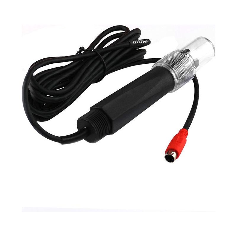 Black EC/temp sensor with a clear tip, black cable, and red connector.