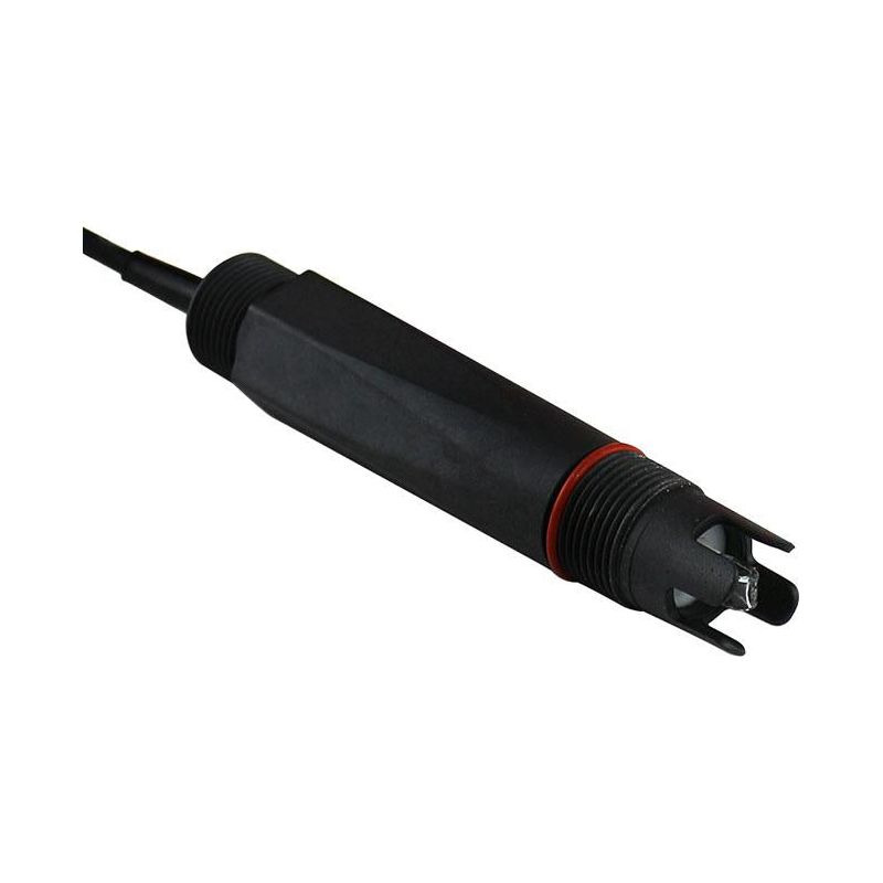 Black inline pH sensor with red o-ring and exposed probes on white background.