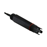 Black inline pH sensor with red o-ring and exposed probes on white background.