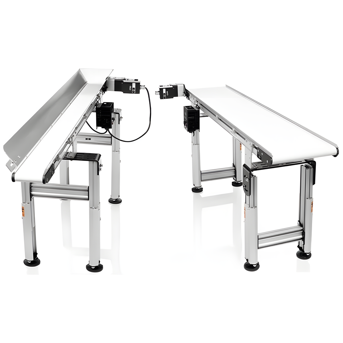 Two industrial conveyor belts with silver frames and white belts on a white background.