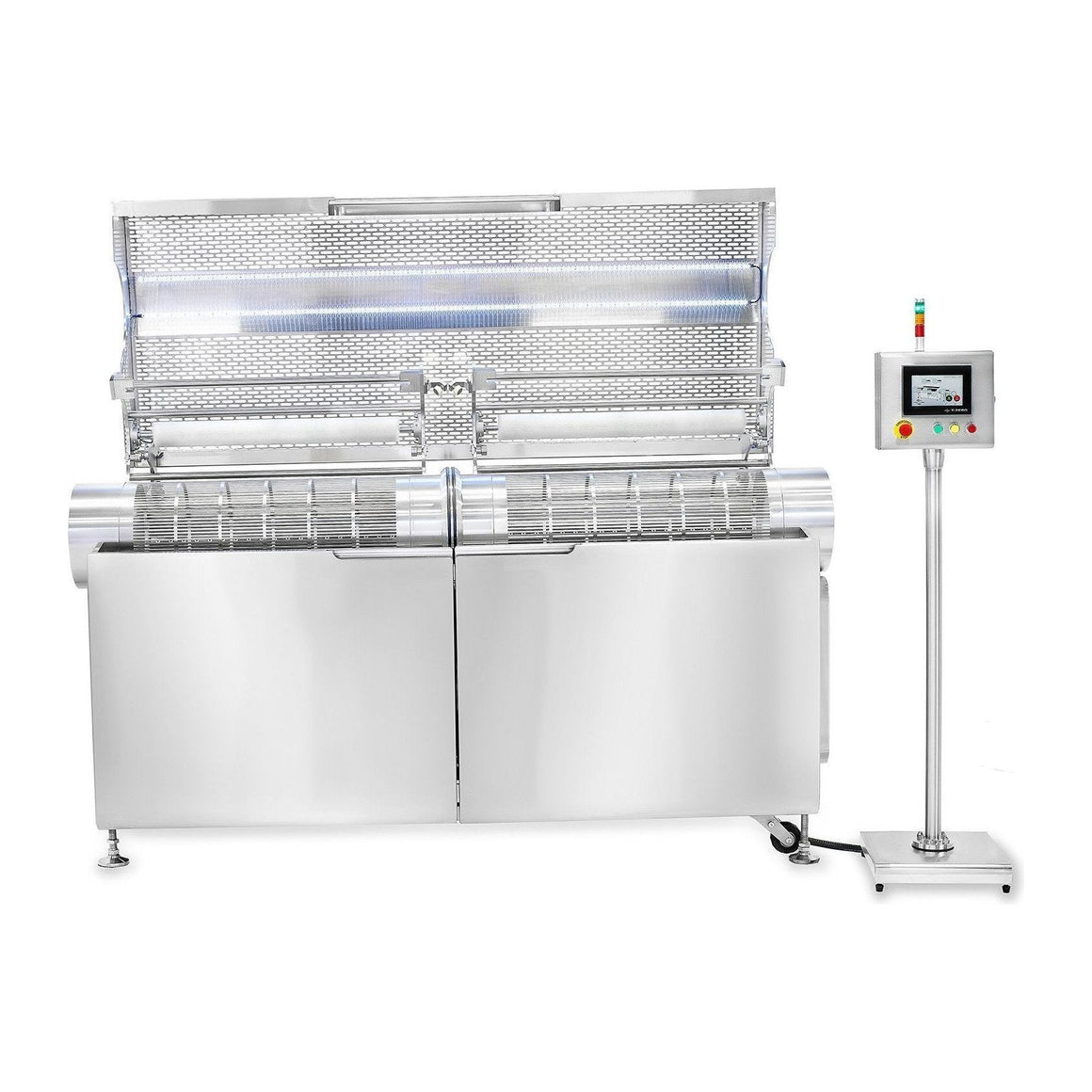 Stainless steel cannabis trimmer with conveyor belt and digital control panel.