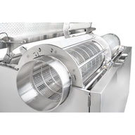 Stainless steel cannabis trimmer with rotating perforated drum and intake chute.