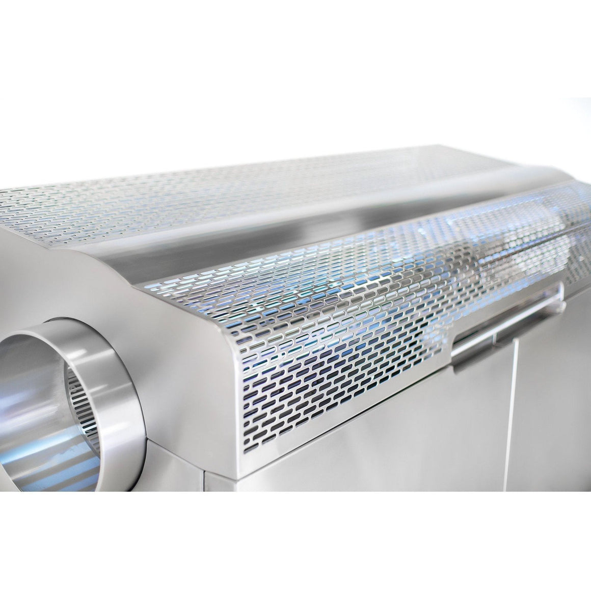 Close-up of a shiny metal hemp trimming machine with a perforated grate and a circular opening.