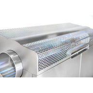 Close-up of a shiny metal hemp trimming machine with a perforated grate and a circular opening.