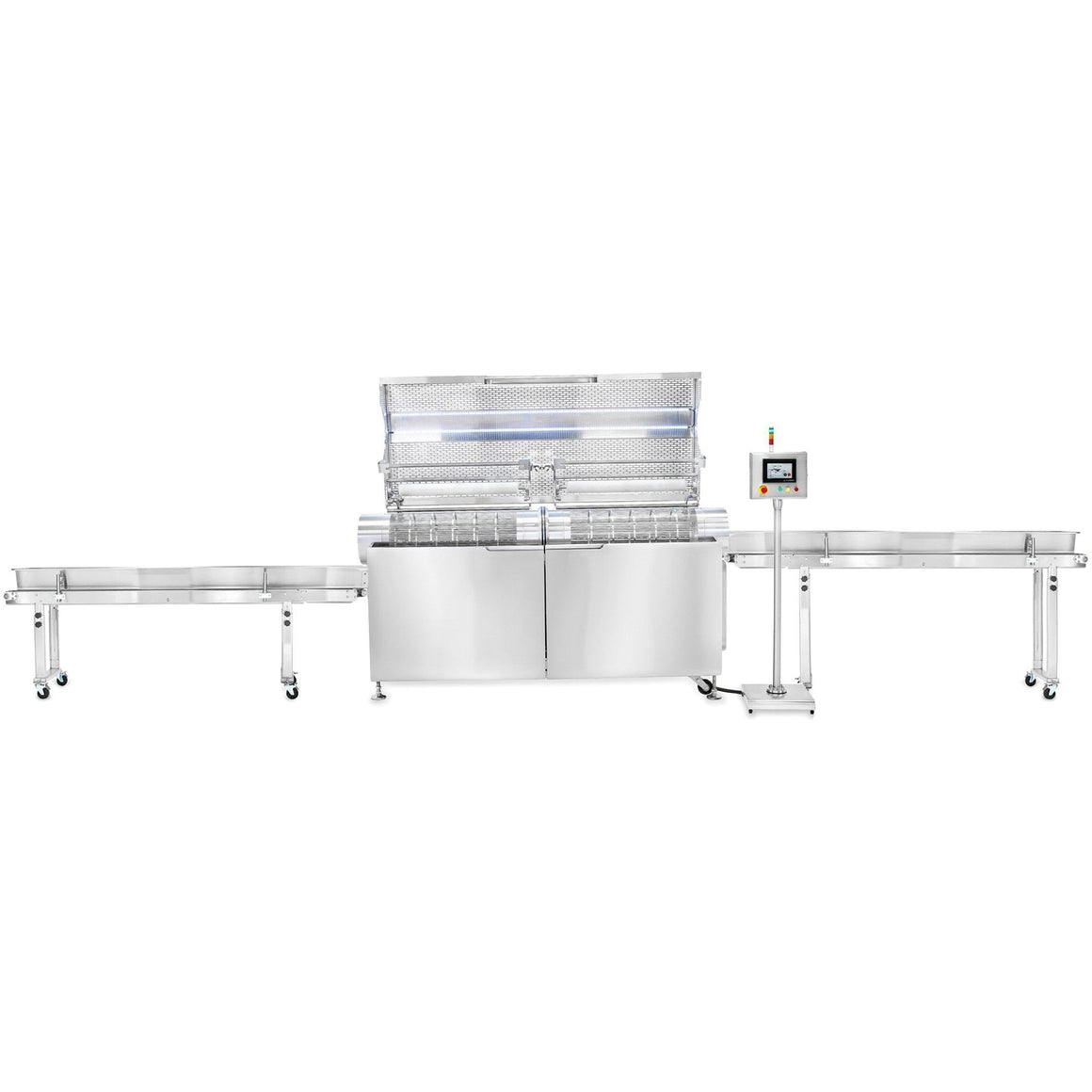 Commercial hemp and cannabis trimming machine with conveyor belts and control panel.